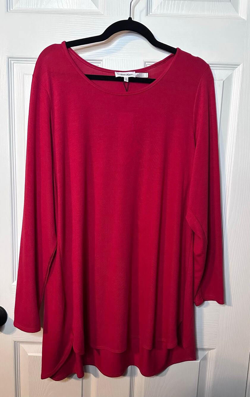 Calvin Klein Women's Red Hi Low Tunic Blouse 1x Flowy Plus Career Top